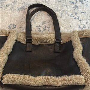 ZARA Black and Tan Tote with Faux Fur Trim and Leather Finish